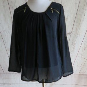COPY - Femme Faux Leather Trim Sheer Long Folded Sleeve Pleated Top Blouse - Si…